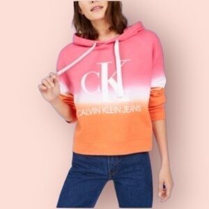 Calvin Klein Jeans Cropped Pink/White/Orange Tie-Dye Hoodie NWT Large